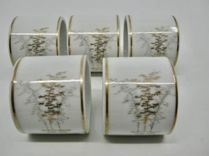 5 Stück Fukagawa Arita Gold Bambus Serviettenringe Manschette Porzellan weiß grau Bäume 901 - Bild 1 von 5