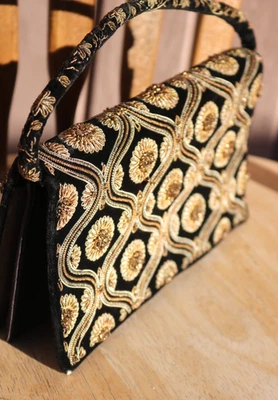 Vintage Beaded Embroidery Black Velvet Handbag from India—Zardozi-Style - Image 1 of 4