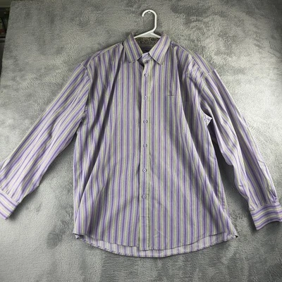 B by Brooklyn Xpress Mens Button Up Shirt L Purple Green Striped Designer Cuffs - Image 1 of 4