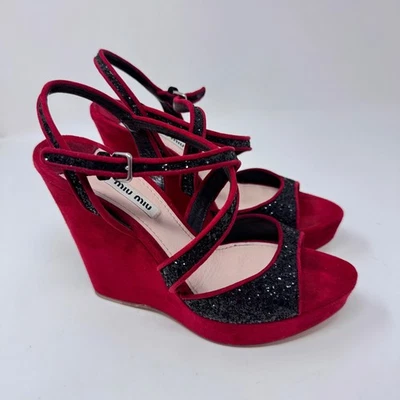 Miu Miu Red Suede & Black Glitter Strappy Wedge Sandals Size 38.5 - Image 1 of 4