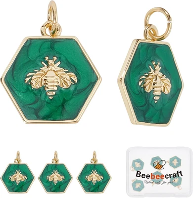 1 Box 6Pcs Hexagon Charms 18K Gold Plated Brass Bee Green Enamel Charm Pendants - Image 1 of 4