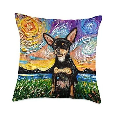 Negro y Bronceado Suave Chihuahua Noche Estrellada Perro Arte por Aja Almohada 18x18 Foto 1 de 4