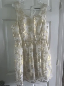 Huesday Size Large Gold Foil Metallic Silk Floral Special Occasion Mini Dress - Picture 1 of 6