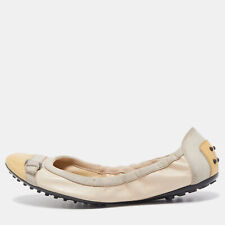 Tod's Beige/Yellow Patent Leather and Suede Cap Toe Scrunch Ballet Flats