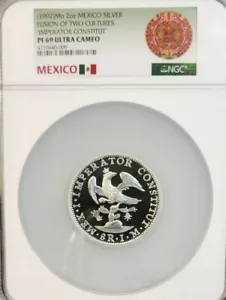 1992 MEXICO SILVER 2 ONZA IMPERATOR CONSTITUT NGC PF 69 ULTRA CAMEO RARE TOP POP - Picture 1 of 4