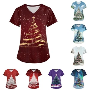 Plus Size Printed Scrub Working Uniform Tops For Women's Cross V Neck Christmas - Picture 1 of 36