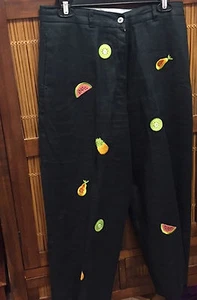 SIZE 10 PETITE BLACK LINEN PANTS WITH FRUIT APPLIQUES SARAH SPENCER PETITES - Picture 1 of 8