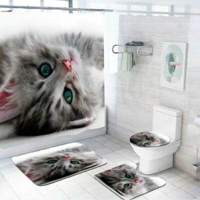 Lindo Gato Gatito Impermeable Cortina de Ducha Antideslizante Alfombra de Baño Tapa de Inodoro Juego de Cubierta Foto 1 de 4