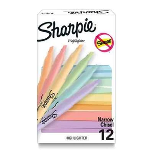 Sharpie Pocket Highlighters, Mild Pastel Colors, Assorted, Chisel Tip, 12 Count - Picture 1 of 5