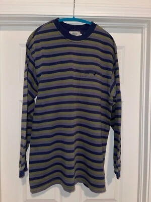 GUESS Long Sleeve Blue Green Gray Striped Crew Neck Shirt Large Vintage 90's - Image 1 of 4