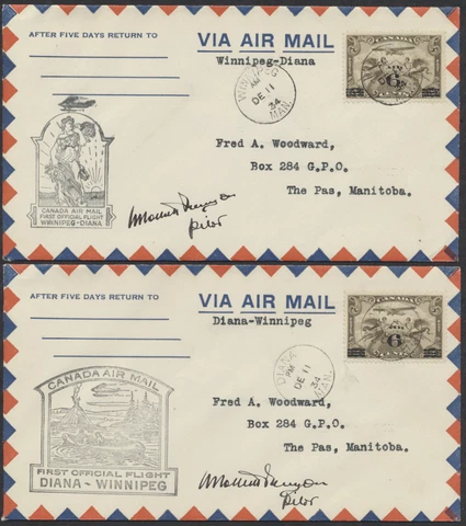 1934 Pilot Signed Flight Covers, Winnipeg - Diana MAN, AAMC #3431c, d Cover