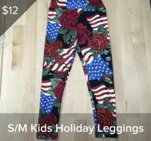 LuLaRoe s/m United & Strong kids leggings black roses red white blue flag NWT - Picture 1 of 1