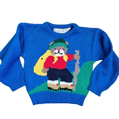 Vintage Kids Boys Size 5 6 Novelty Teddy Bear Sweater Hiking Outdoors Blue - Image 1 of 4