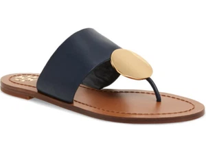 NEW TORY BURCH Womens Patos Disk Calf Leather Flat Thong Sandal US 8 M Navy/Gold - Picture 1 of 22