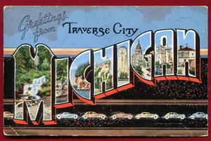 Traverse Michigan large Letters linen postcard - Picture 1 of 2