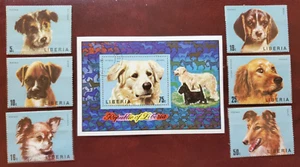 7 Liberia Stamps - Lot#27q 6 Dogs MNH & cancelled Souv. sheet - Picture 1 of 1
