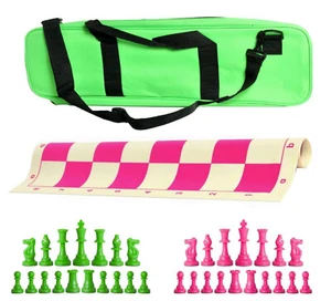 Deluxe Triple Weight Chess Set - Vinyl Board Pieces & Bag - Neon Green Pink - Picture 1 of 5