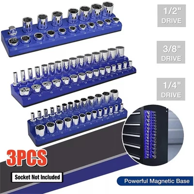 3Pcs Magnetic Socket Organizer Storage Holder 1/4" 3/8" & 1/2" Drive Metric Set - Image 1 of 4