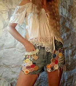 Bespoke Pair Of Boho Hippy Handsewn Patchwork Embroidered Denim Shorts Festival - Picture 1 of 12