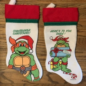"Juego de 2 medias navideñas de fieltro de tortugas ninja mutantes adolescentes 1990 vintage 15""" - Imagen 1 de 8