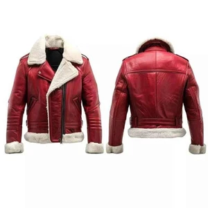Mens Red B3 Shearling Aviator Jacket Real Sheepskin Leather Coat - Picture 1 of 4
