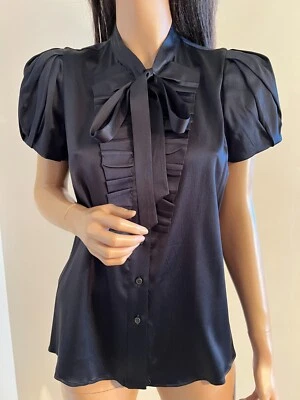 Auténtico. Blusa Top Prada Negra Satén Seda Volantes Talla 42 Foto 1 de 4