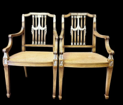 Pair 2 Vintage Cane Carved Hepplewhite Chairs Armchairs Accent Desk Dining Cover