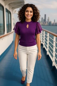 7Th Avenue Design Studio XS Purple Puff Flutter Sleeve Blouse Keyhole Cutout - Picture 1 of 15