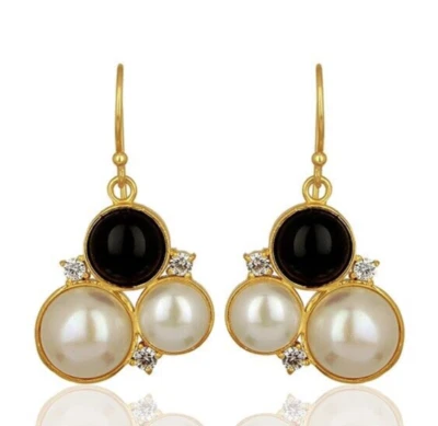 Three Big Stone Earrings Gold Plated Black Onyx, Pearl & Zircon Gemstone Jewelry - image 1 of 4
