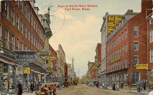 Main St. Cox's Cigar Store Coches de Colección Escena Callejera Fall River, MA De Colección 1911 Postal - Imagen 1 de 2