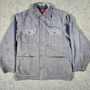 Vintage Big Mac Penneys Distressed Red Blanket Lined Denim Chore Coat Jacket XL - Picture 1 of 12