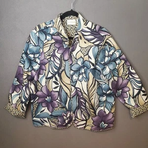 Alfred Dunner Damen Sakko Blazer Größe 18 Lila Blau Hellbraun Blumen Gesteppt Offen - Bild 1 von 7