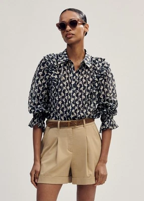 ME + EM Gingko Leaf Print Ruffle Long Sleeve Smocked Cuffs Cotton Silk Blouse 8 - Image 1 of 4