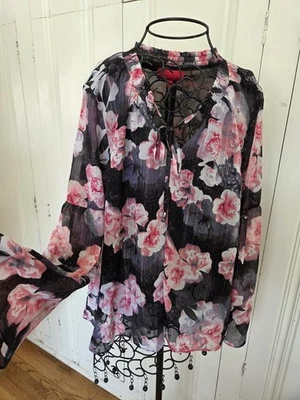 JENNIFER LOPEZ medium black rose silver streak boho flutter sleeve pesant blouse - Image 1 of 4