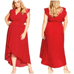 City Chic NWT Red Love Maxi Dress Polka Dot Frill Sleeve V-Neck Hi-lo Size 14 - Picture 1 of 11