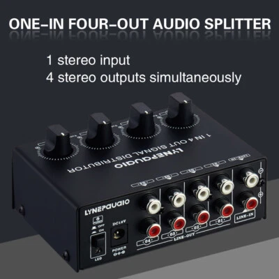 Stereo Signal Amplifier Distributor 1 In 4 Out Volume Adjustment Lossless B029 - Image 1 of 4