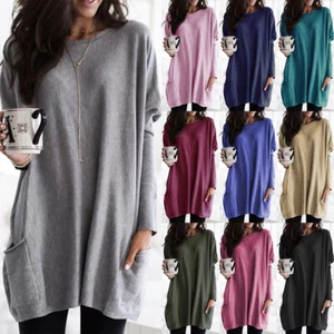 Womens T Shirt Baggy Blouse Jumper Tops Pullover Ladies Pockets Loose Mini Dress - Picture 1 of 20