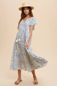 In Loom Floral Print Short Sleeve Tiered Midi Dress - Picture 1 of 6