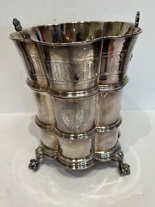 Fabulous antique silver plate ice bucket 9.75” armorial & motto of Dents QUALITY