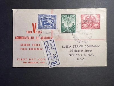 1946 Registered Australia First Day Cover FDC Sydney to NY USA WWII Victory - Image 1 of 2