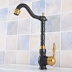 Deck Mount Bathroom Black Gold Brass Basin Sink Faucet 1 Handle/Hole Mixer Tap - Picture 1 of 10
