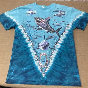 Liquid Blue Tie Dye GREAT WHITE SHARKS-2 SIDED V Neck Size Med New Ships Free - Picture 1 of 7