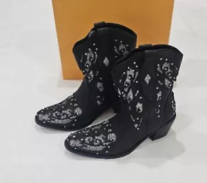 TSCOYUKI Women's Glitter Cowgirl Ankle,Bling Mid Calf, Pull On Embroidery Boots - Picture 1 of 10
