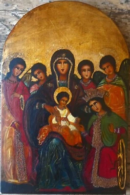 Beautiful Russian Master Icon painting oil on wood panel Madonna & child angels - Image 1 of 4