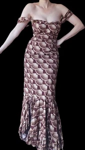 TIKI Mermaid Hawaiian Gown Art Deco Fan Print 70s Does 40s 50s - Picture 1 of 8