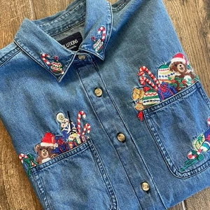 Camisa De Colección Años 90 Solutions Navidad Denim Manga Larga Con Botones Bordada Med - Imagen 1 de 12