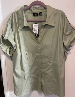 NUEVO CON ETIQUETAS ALC Talla 3X Blusa Verde Salvia Mervyn's Algodón/Spandex Manga Corta Broches de presión Foto 1 de 3