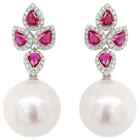 Lab-Created 52.60 Ct Ruby & White Pearl With Cz Women's Drop 925 Silver Earrings