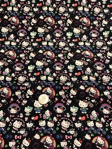 CUSTOM HELLO KITTY White On Black Cotton Fabric REMNANT 13x18” - Picture 1 of 1
