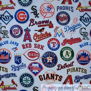 BonEful FABRIC Cotton Quilt White Red Blue American Baseball Team MLB LAST SCRAP - Picture 1 of 13